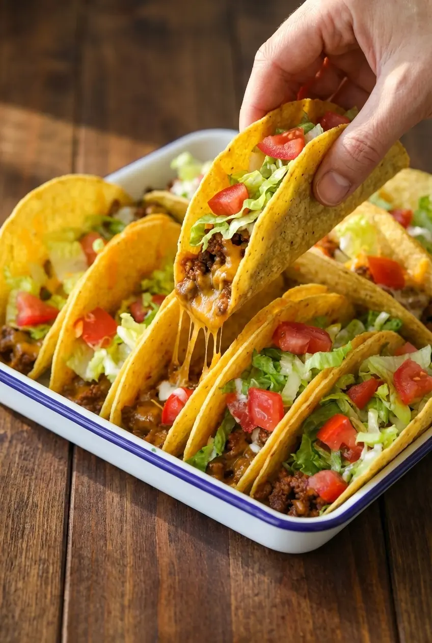 Close up of the crispy shell interior for Oven Baked Cheesy Tacos showing the protective refried bean and cheese layer.