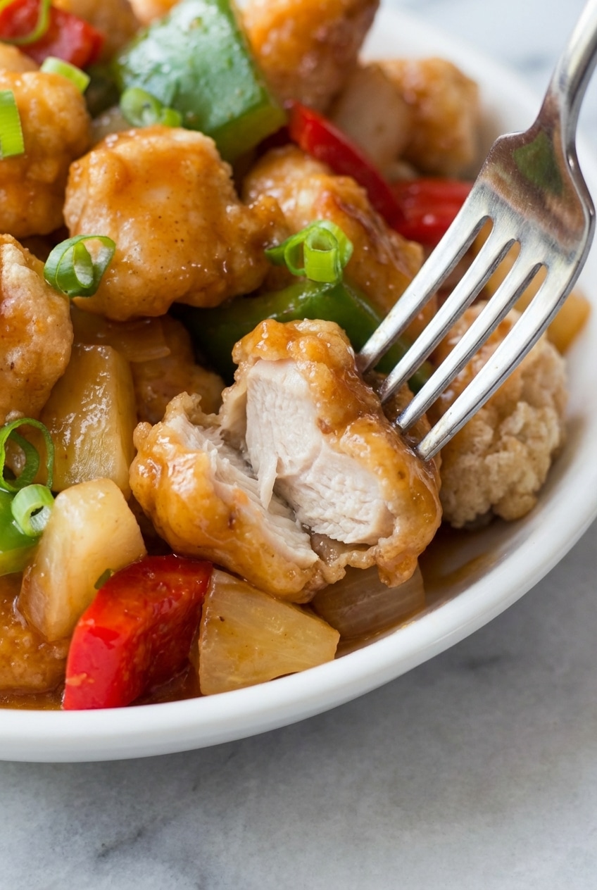 A close-up of the light, crispy texture on a piece of Sweet and Sour Chicken, coated in a glossy, vibrant sauce.