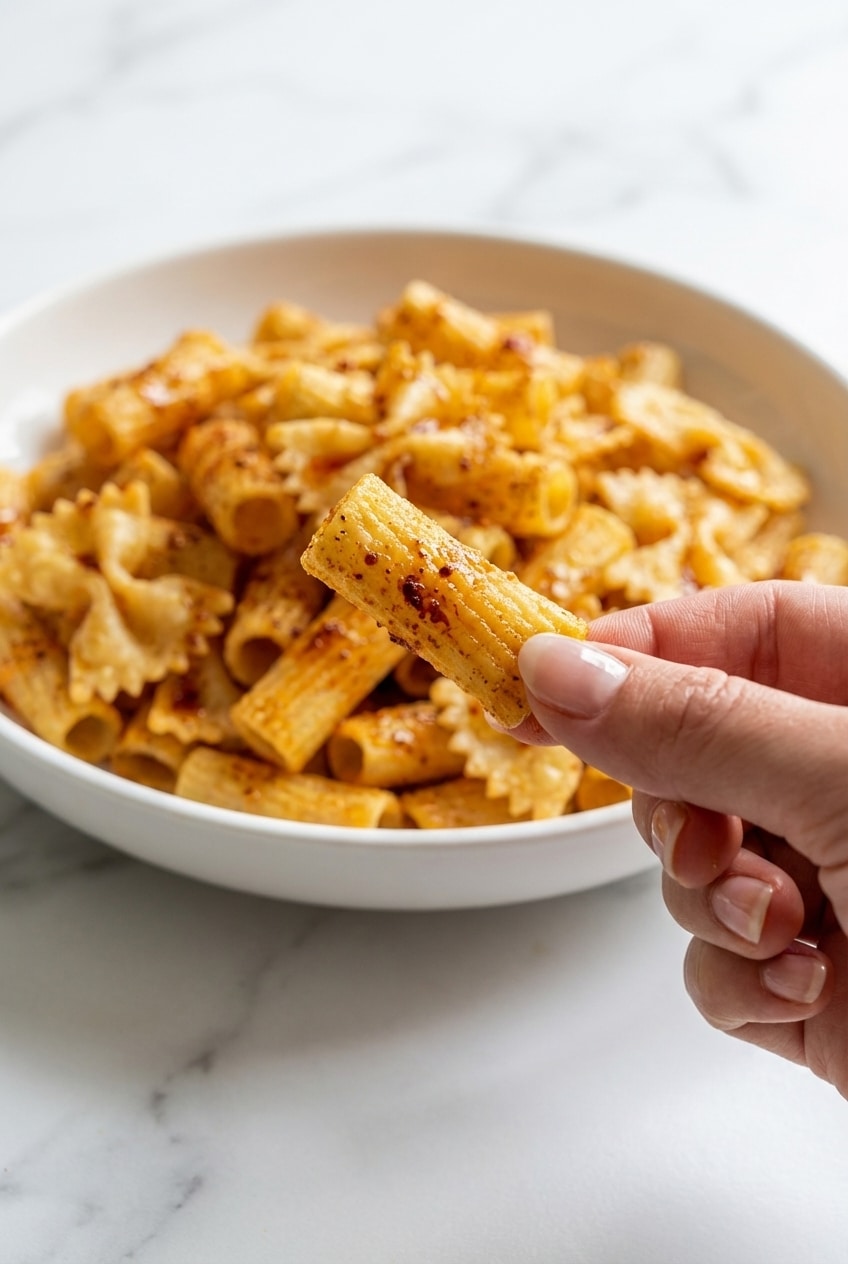Close up detail of the blistered surface on a pasta chips recipe showing the crispy texture and spice adherence.