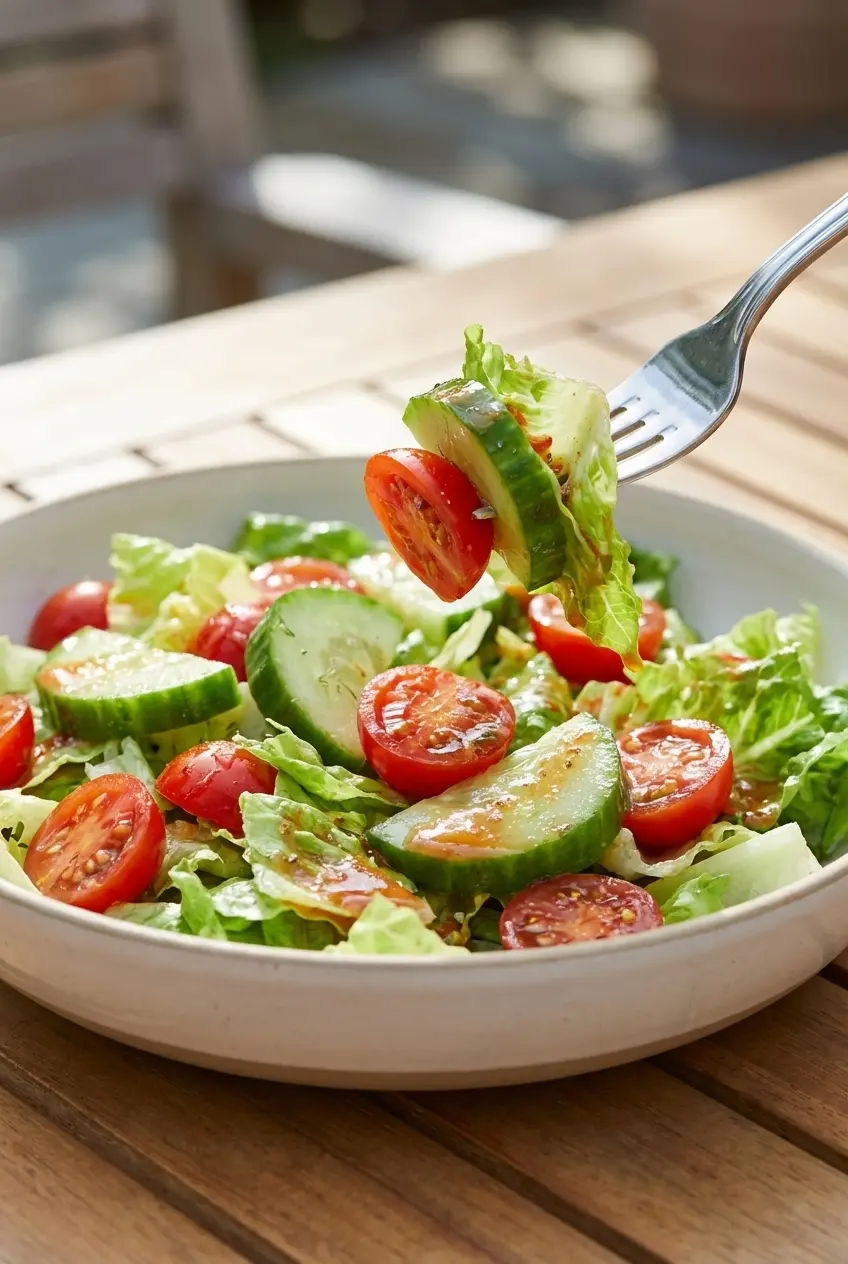 Close-up of crispy Romaine leaves and juicy chopped veggies in a freshly tossed lettuce tomato and cucumber salad.