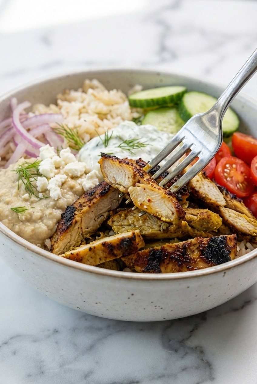 A close-up shot of sliced shawarma chicken with wonderfully crispy, charred edges, ready to be added to chicken shawarma bowls.