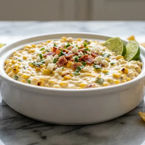 Creamy Crockpot Jalapeno Corn Dip in a slow cooker topped with smoky charred corn and sliced jalapenos.
