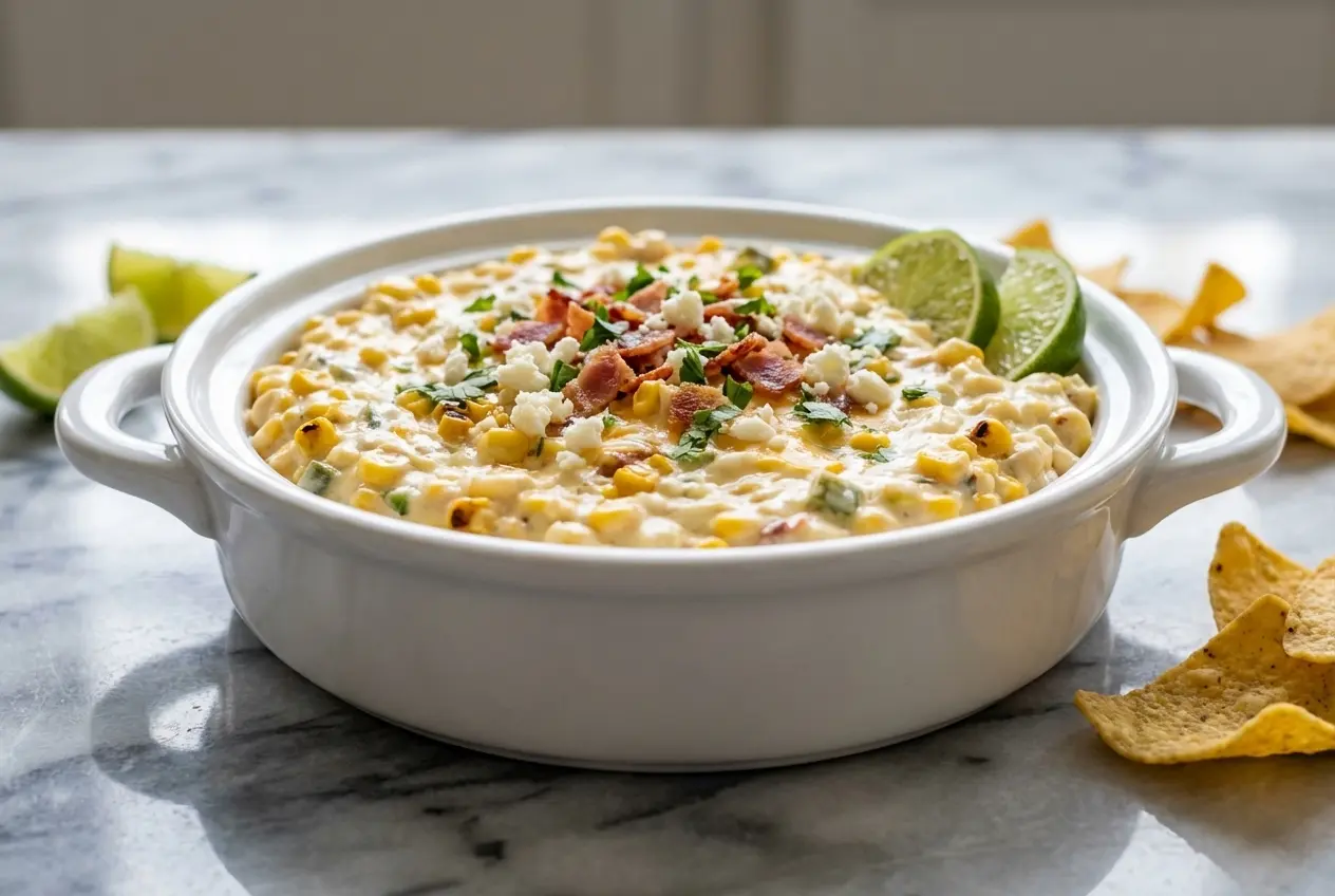 Creamy Crockpot Jalapeno Corn Dip in a slow cooker topped with smoky charred corn and sliced jalapenos.