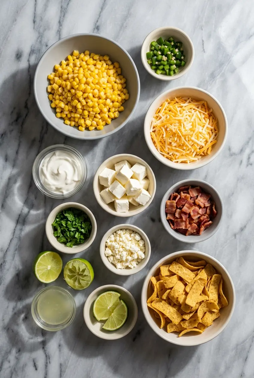 Overhead view of ingredients for Crockpot Jalapeno Corn Dip including cream cheese, Monterey Jack, and whole kernel corn.