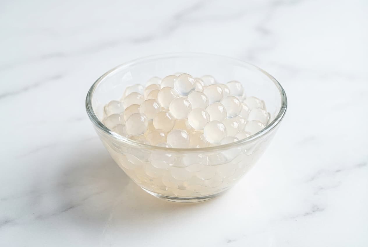 Clear and glassy crystal boba recipe pearls with a chewy vegan konjac-agar texture served in a glass bowl.
