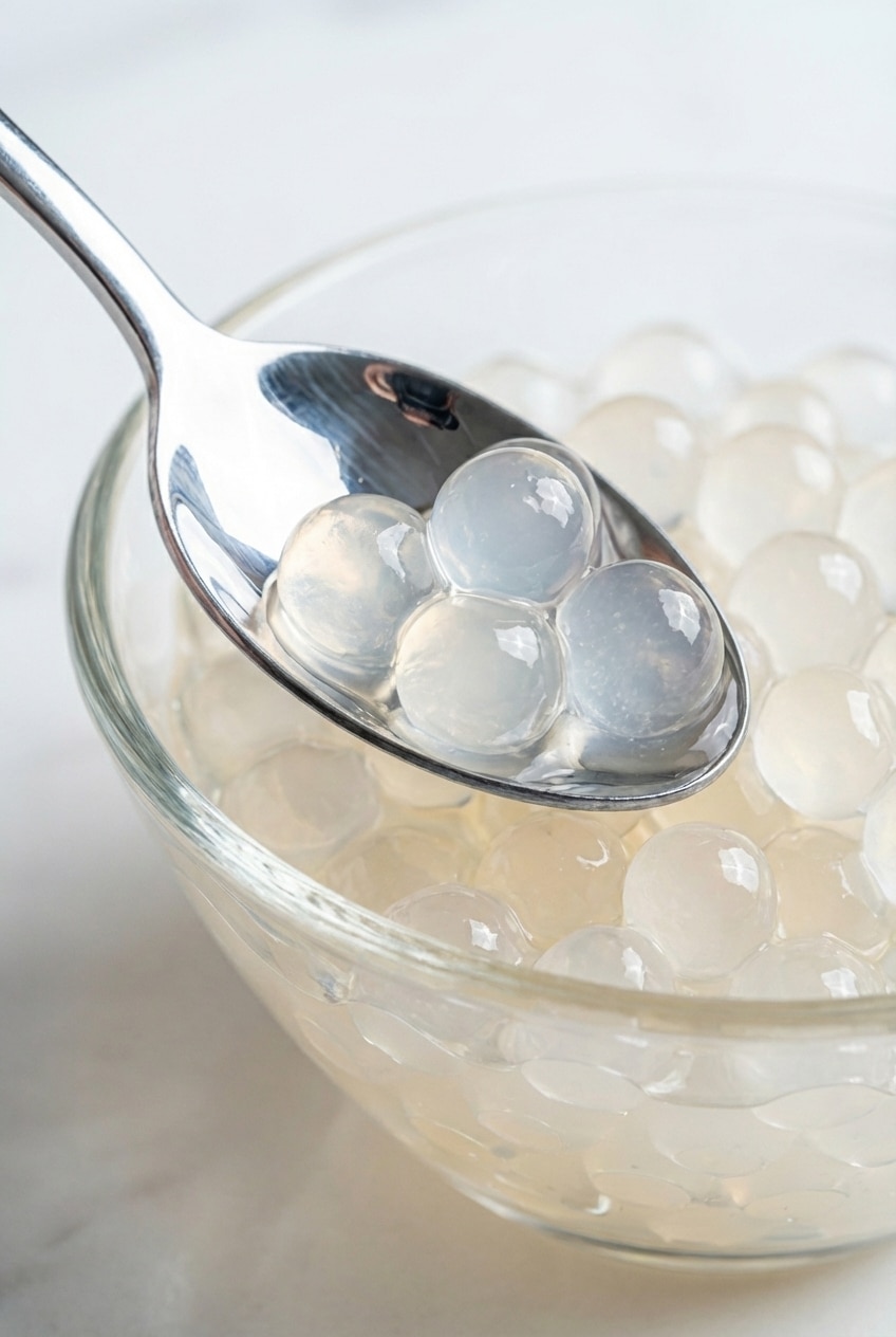 Close-up of cooked crystal boba recipe pearls showing the firm yet bouncy texture achieved with the hybrid gelling method.