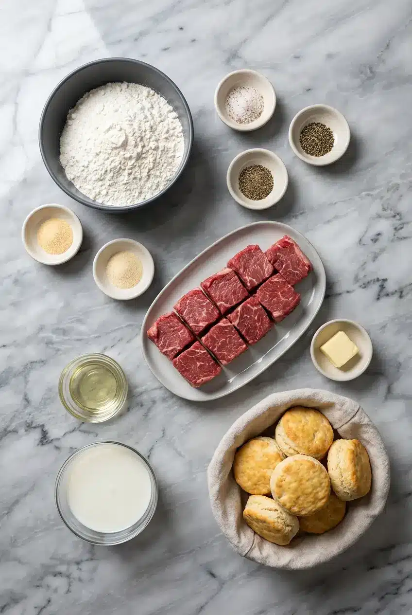Raw ingredients for Cube Steak Recipe including Top Round beef, shortening, flour for dredging, and Dijon mustard.