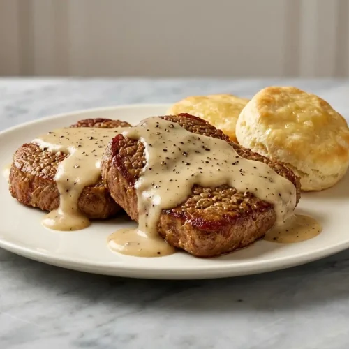 Tenderized Cube Steak Recipe smothered in a rich Worcestershire-Dijon pan gravy in a cast-iron skillet.