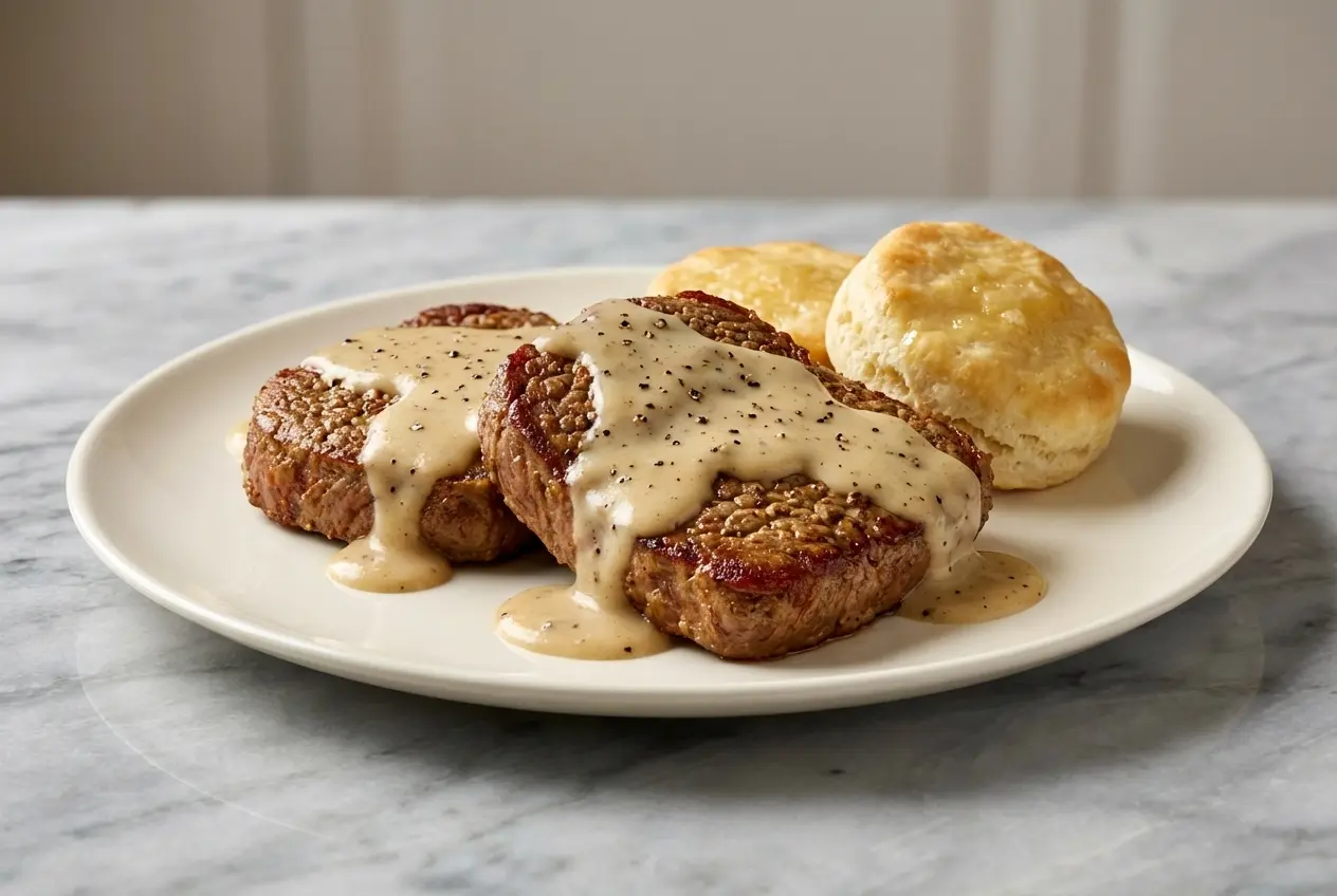Tenderized Cube Steak Recipe smothered in a rich Worcestershire-Dijon pan gravy in a cast-iron skillet.