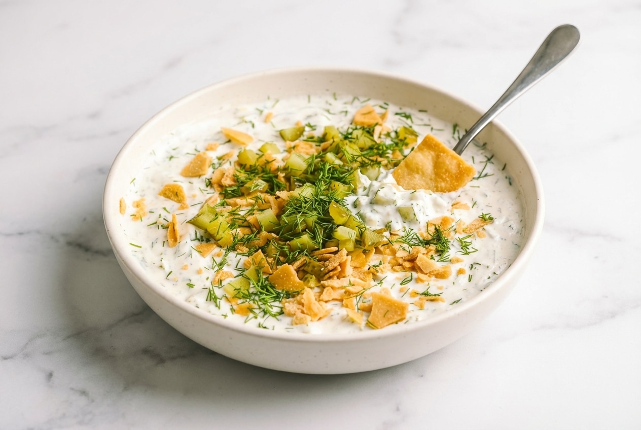 Creamy Dill Pickle Dip garnished with fresh dill, featuring the flavor-enhancing Brine-Bloom seasoning technique.