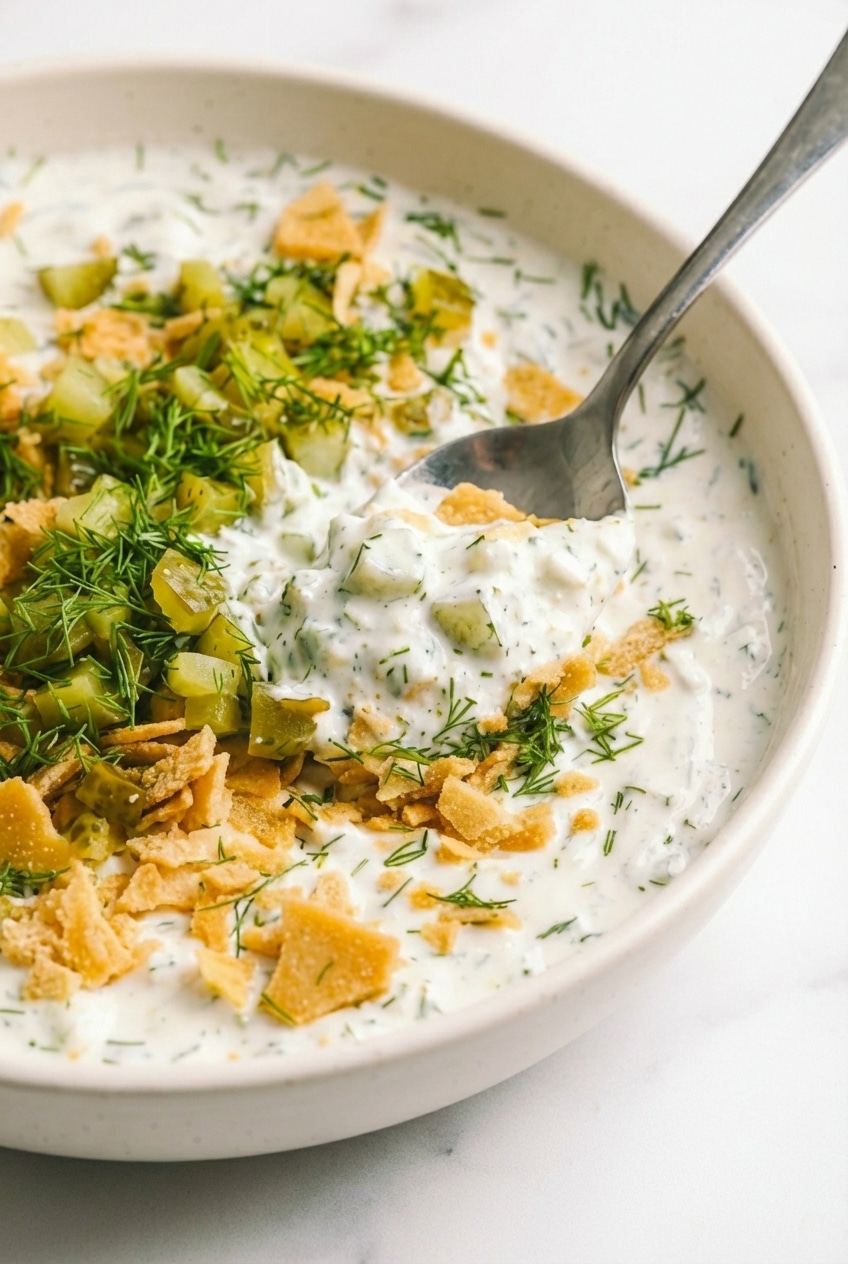 Close-up showing the smooth emulsification of Dill Pickle Dip with visible bits of chopped kosher pickles.