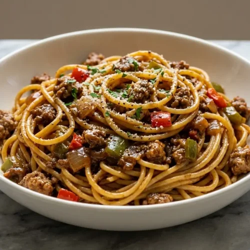 Dirty spaghetti recipe featuring a dark bourbon-deglazed sauce and Cajun-spiced noodles in a savory bowl.