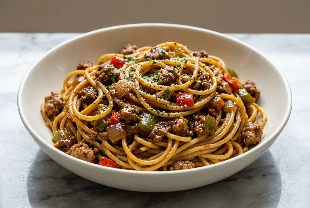 Dirty spaghetti recipe featuring a dark bourbon-deglazed sauce and Cajun-spiced noodles in a savory bowl.