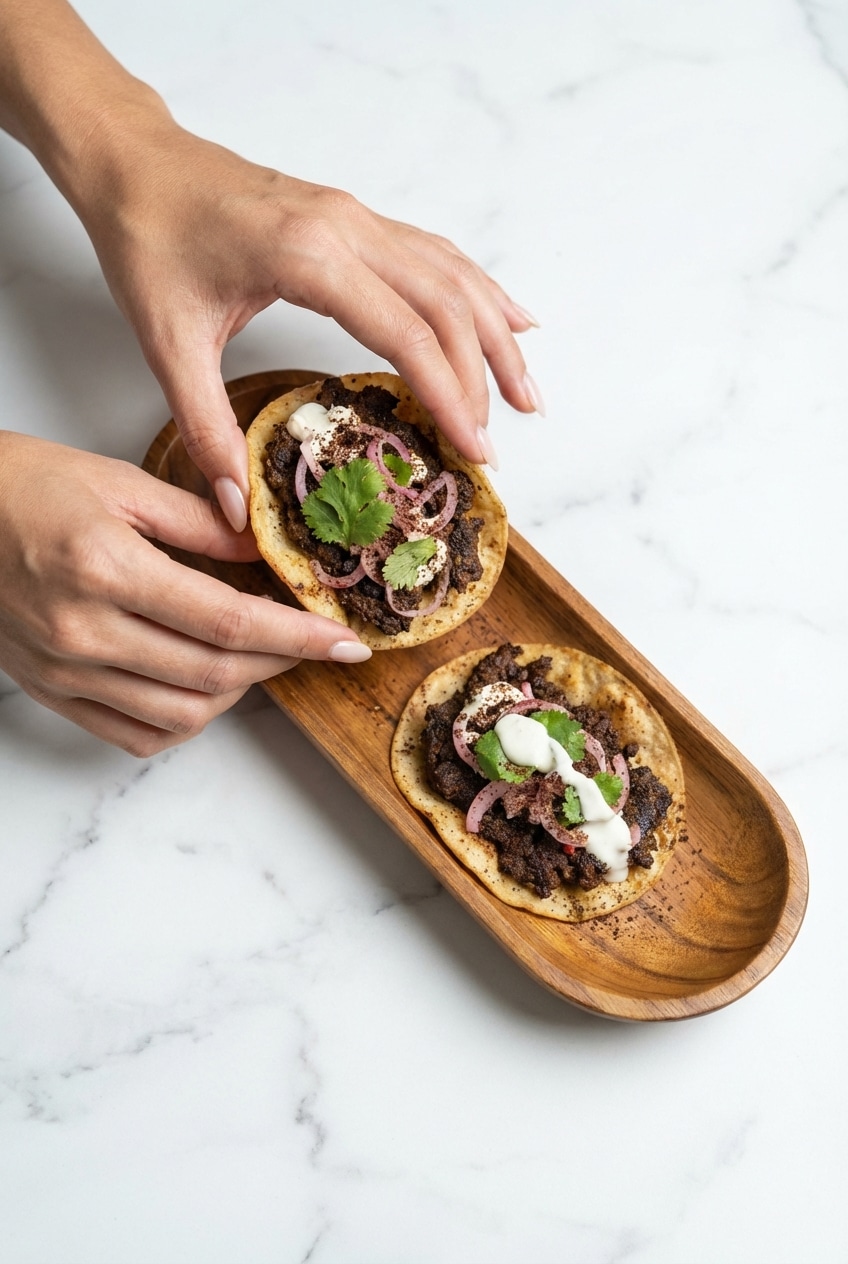 A platter of Dubai Tacos recipe served with Greek yogurt sauce and pickled onions for a family dinner.