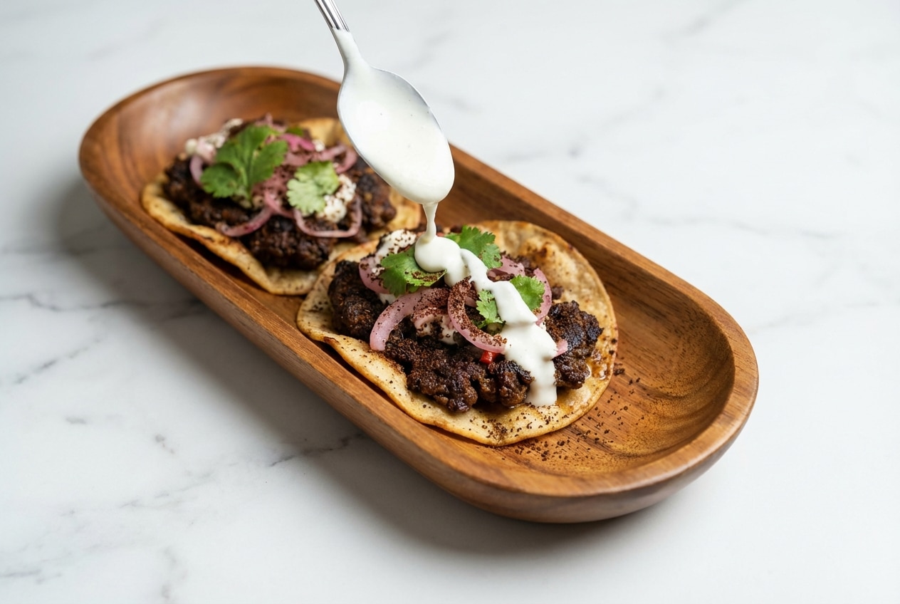 Dubai Tacos recipe featuring Turkish coffee infused ground lamb on a griddle with bright pickled red onions.