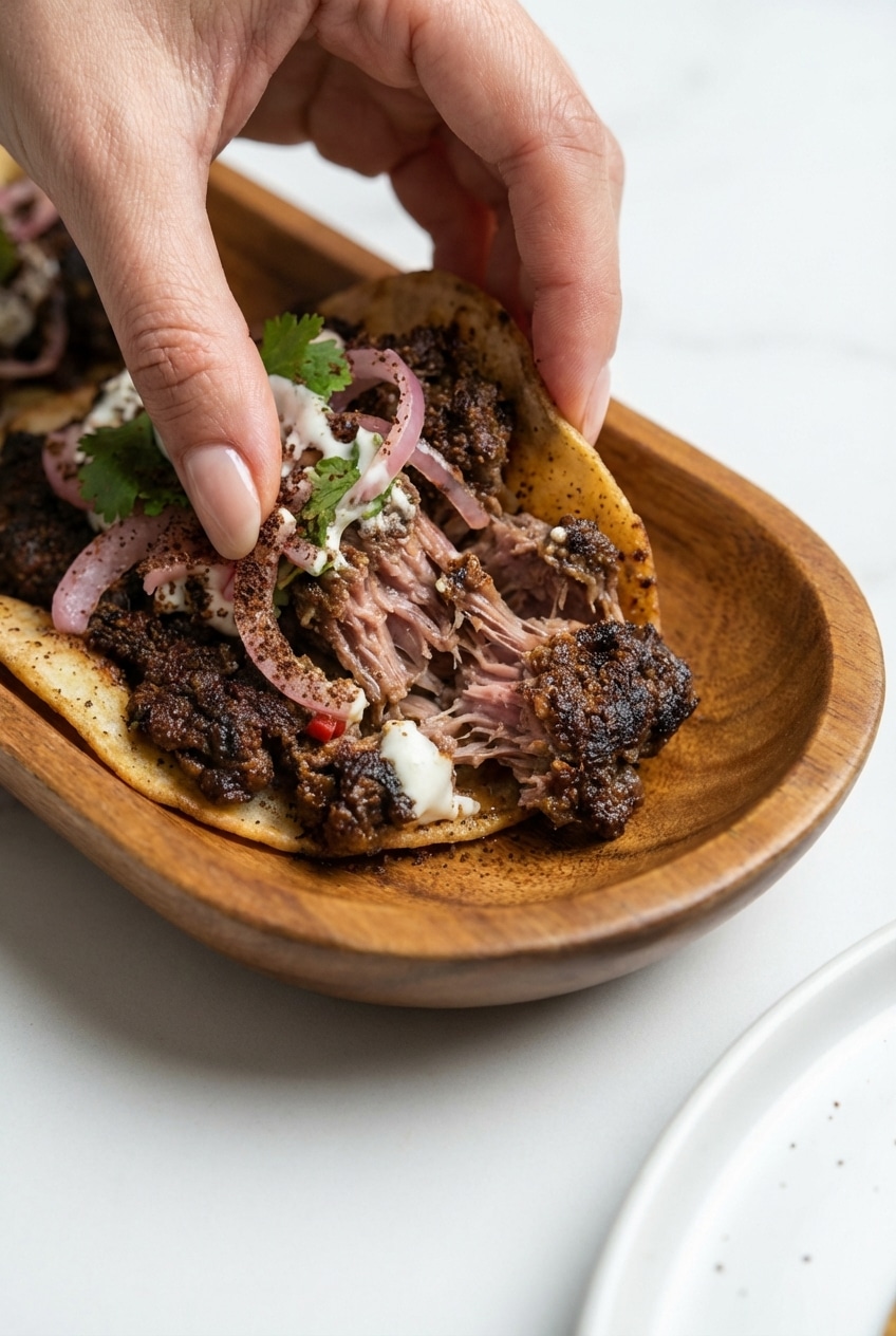Close-up of the Maillard reaction on a Dubai Tacos recipe meat patty showing a crispy smashed texture.