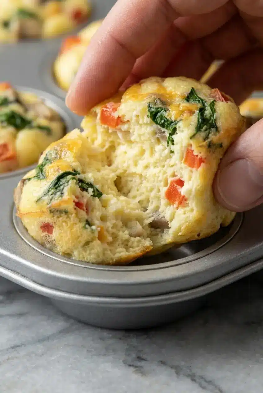 Close-up of the tender, porous interior of steam-baked egg muffins showing a light, bakery-style crumb.