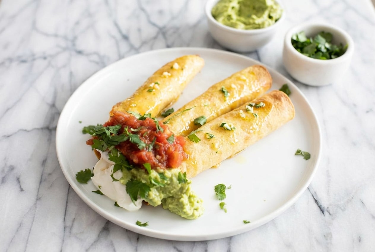 Golden Egg and Sausage Breakfast Taquitos brushed with garlic-cilantro oil for a crispy air-fried finish.