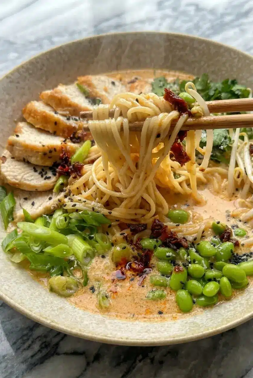 Close-up of the emulsified, creamy broth of Marry Me Chicken Ramen with shimmering chili oil and herbs.