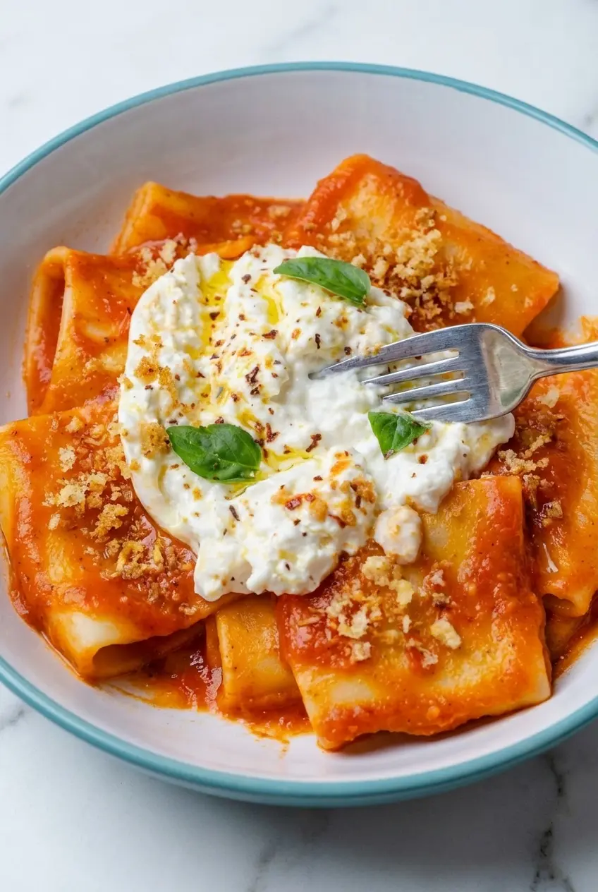 Stirring starchy pasta water into marinara sauce to create a glossy emulsion for our ultimate burrata pasta recipe.