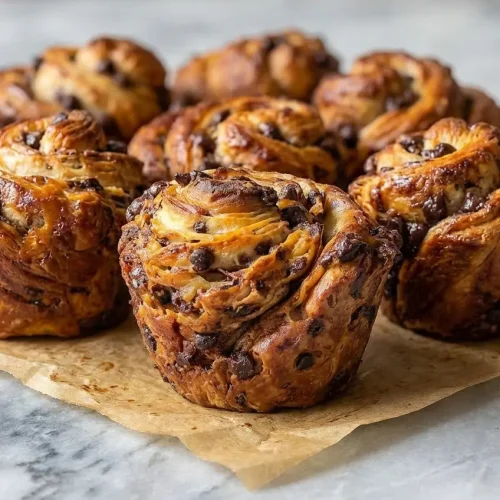 Flaky Chocolate Chip Cruffins with espresso and malt powder baked in a muffin tin.