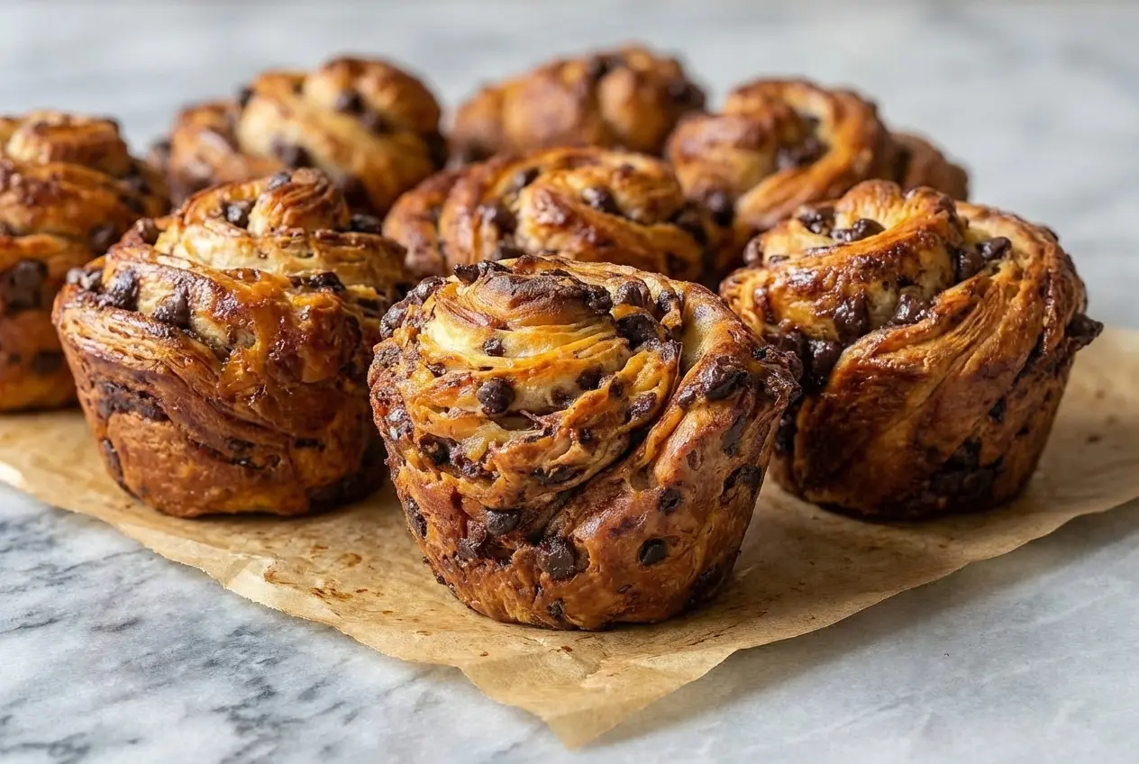 Flaky Chocolate Chip Cruffins with espresso and malt powder baked in a muffin tin.