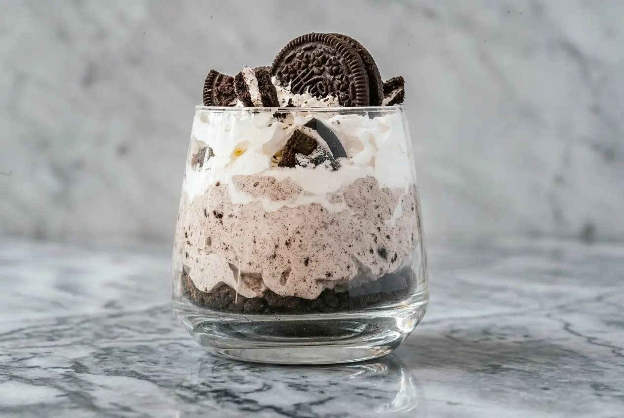 Cookies and Cream Mousse Cups in glass jars with espresso-infused cream and a pinch of sea salt.