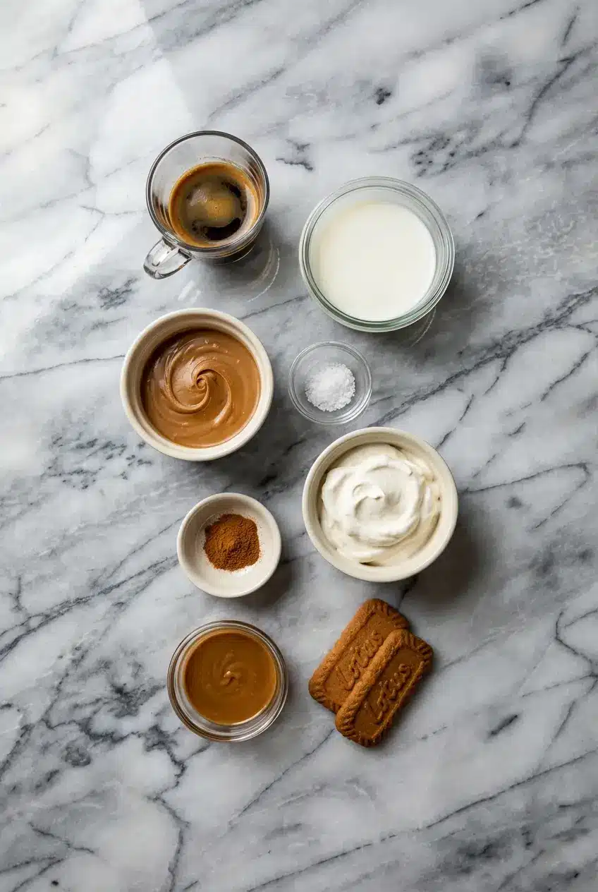 Flat lay of ingredients for a cookie butter latte including speculoos spread, espresso, and fresh oat milk.