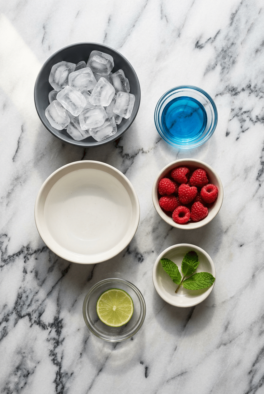 Flat lay of blue raspberry syrup, sugar-free energy drink, and fresh lime for the perfect blue raspberry energy drink.