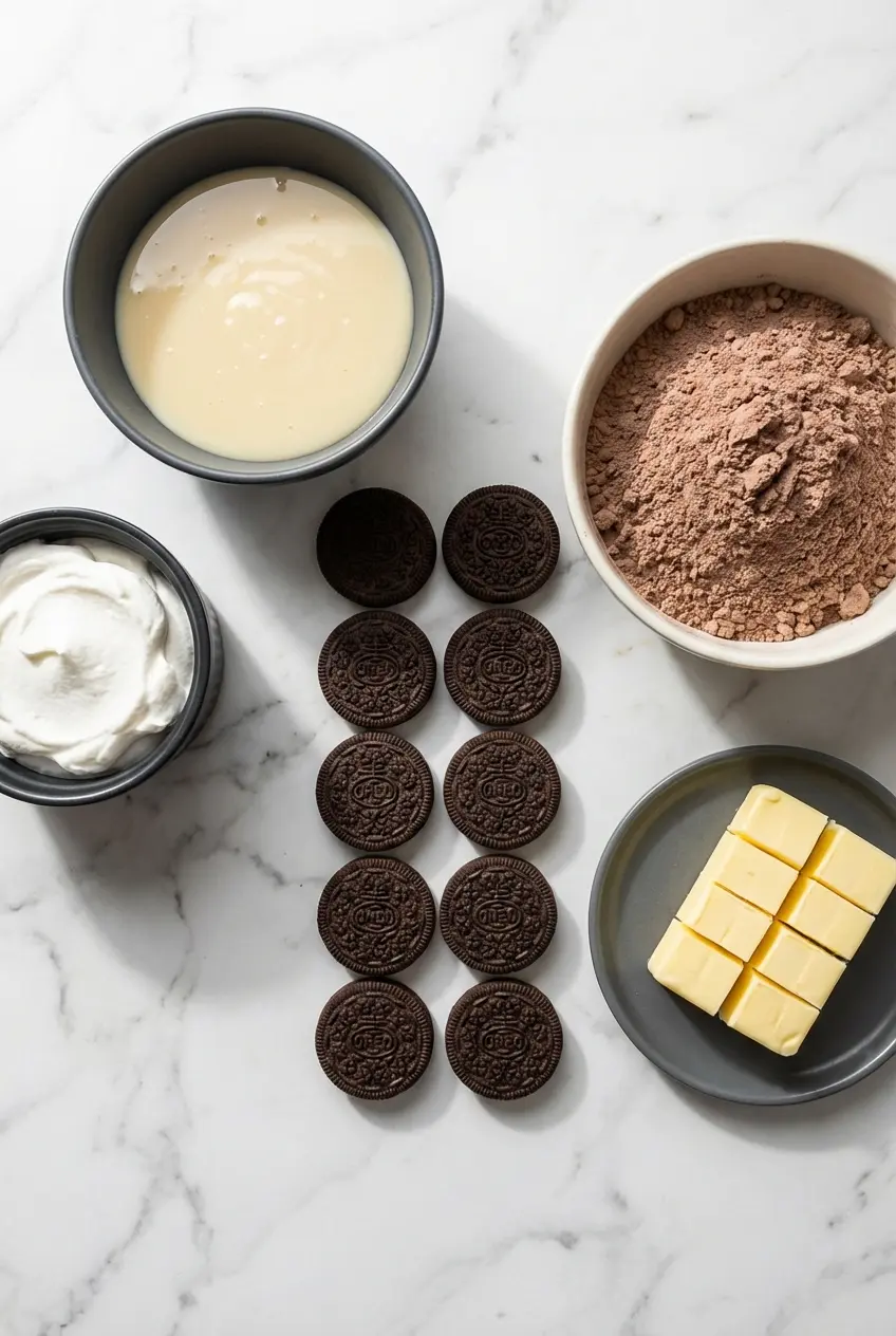 Overhead view of ingredients for an Oreo Dump Cake Recipe, including Oreo cookies, chocolate cake mix, and frozen butter.