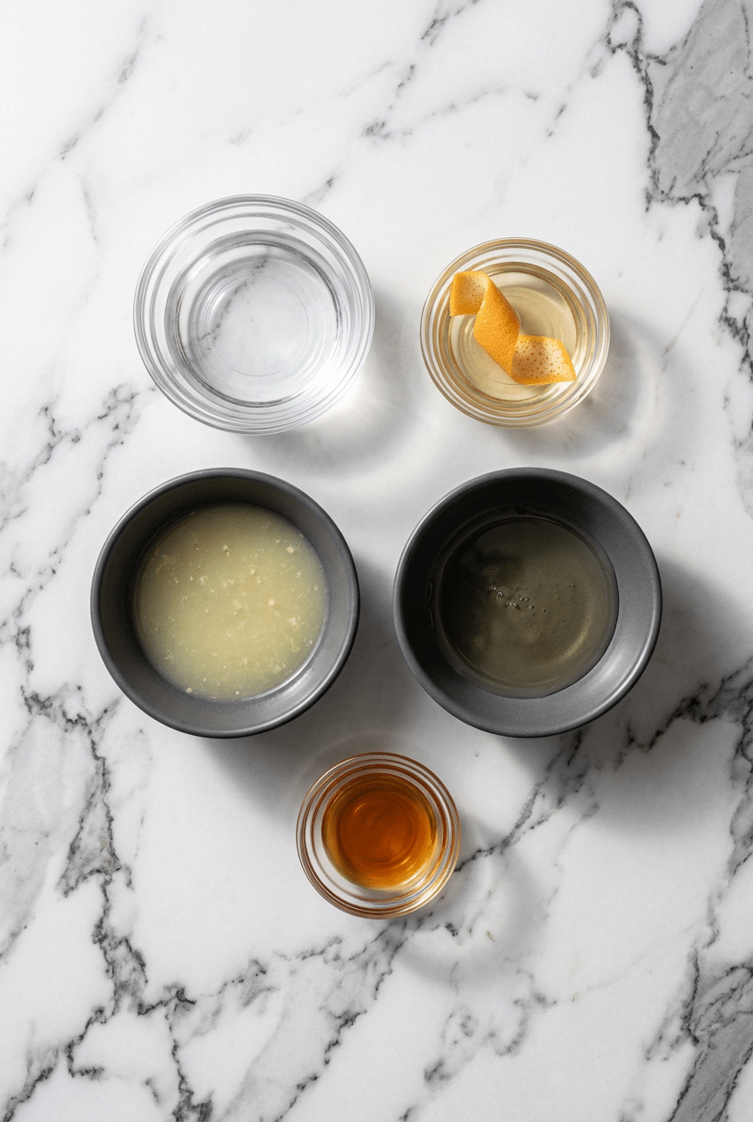 Ingredients for a London Calling cocktail including Navy Strength gin, Fino sherry, orange bitters, and grapefruit.