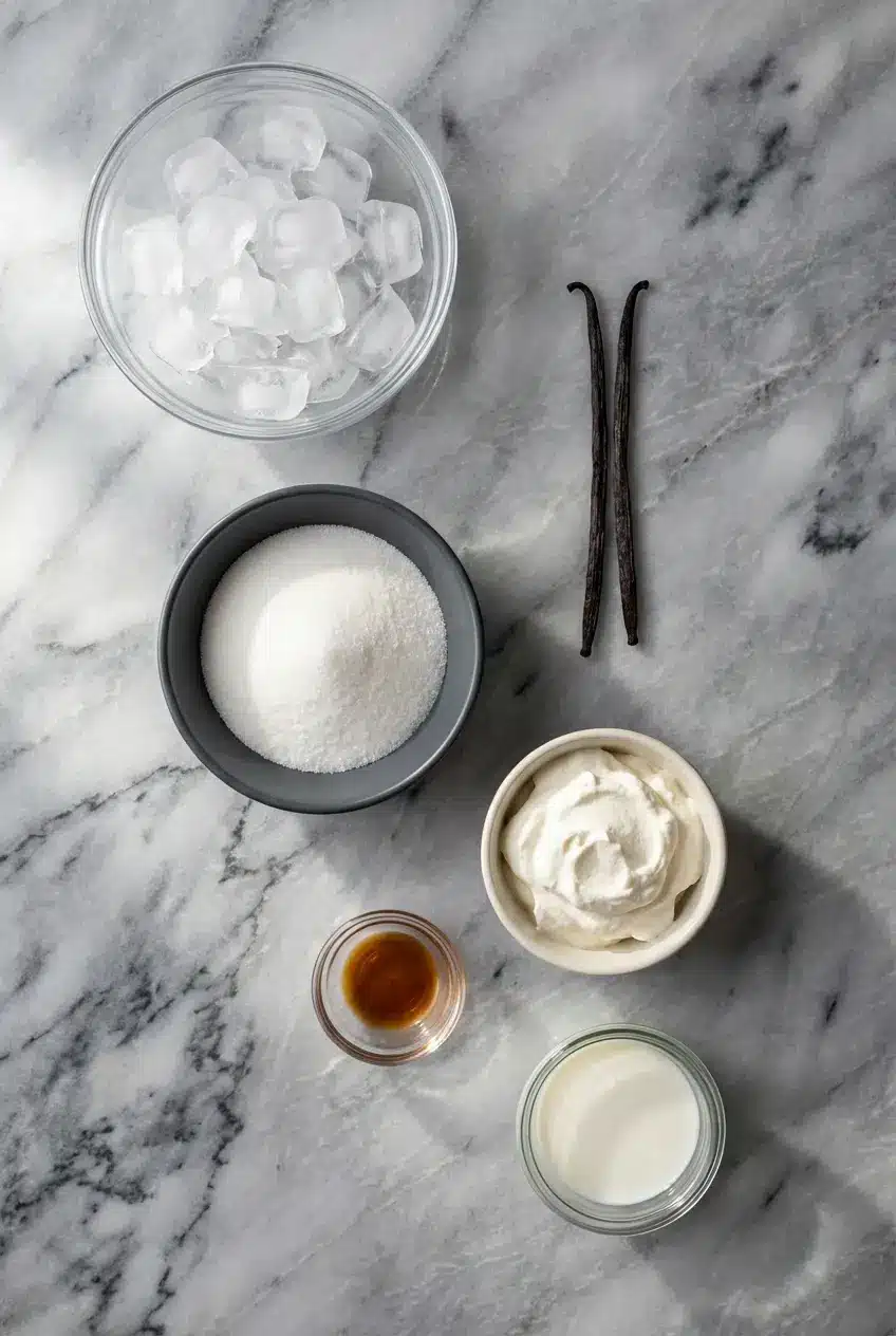 Ingredients for vanilla bean frappuccino featuring whole milk, vanilla bean paste, xanthan gum, and sea salt.