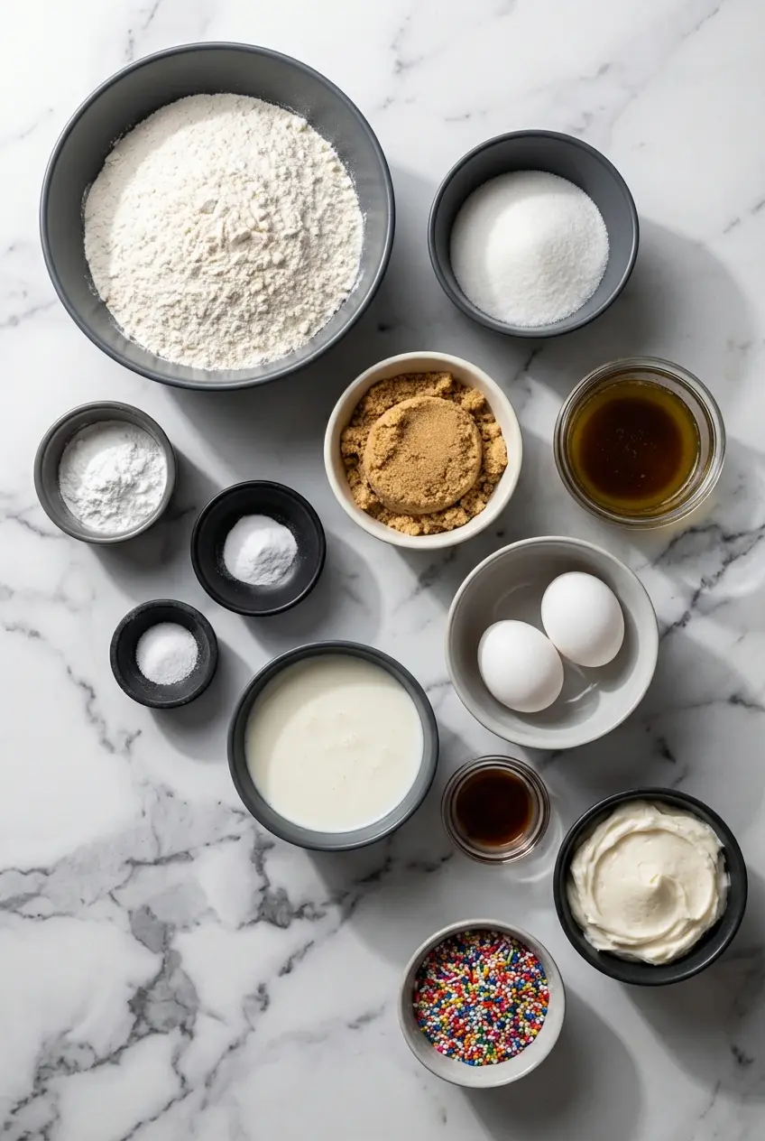 Raw ingredients for a Microwave Layer Cake, including buttermilk, baking powder, flour, sugar, and neutral oil on a counter.