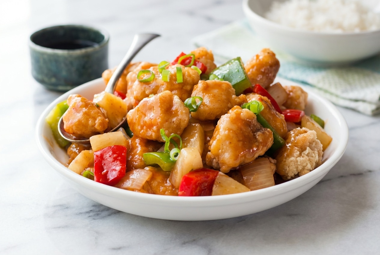 A bowl of Sweet and Sour Chicken with a visibly crispy coating from a rice flour blend, tossed with bell peppers and pineapple.