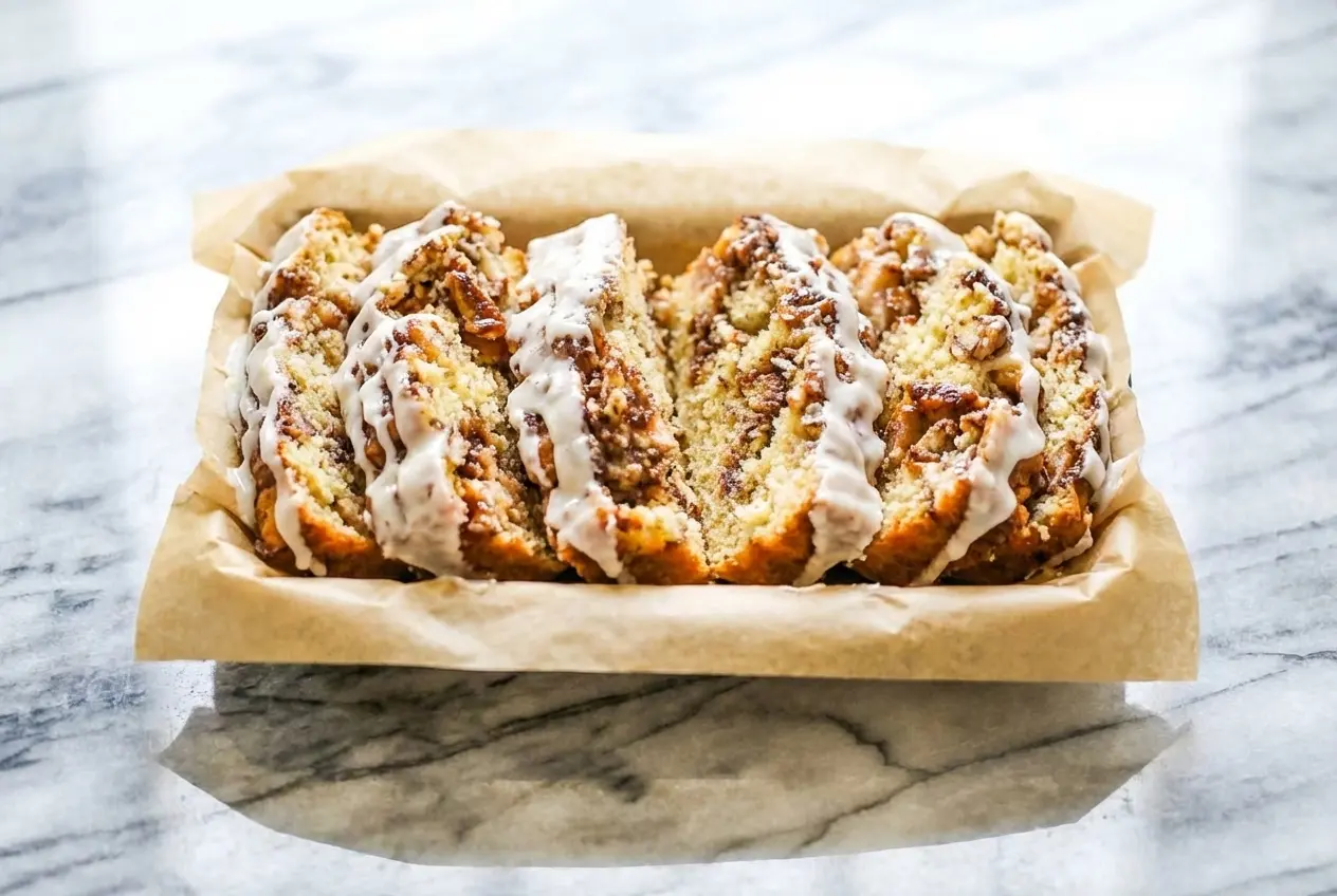 Sliced Famous Apple Fritter Bread drizzled with a rich brown butter and salted maple glaze.