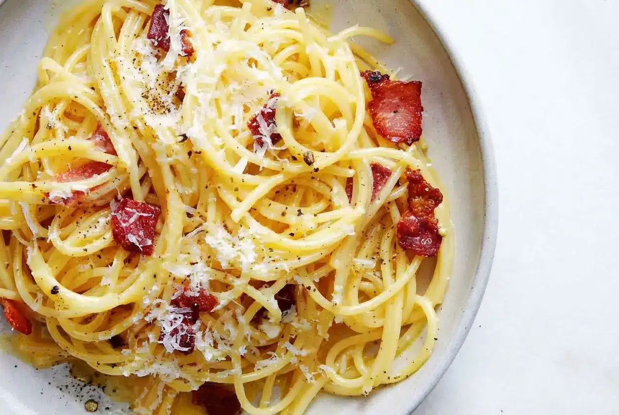 Creamy pasta carbonara with crispy guanciale, coated in a glossy emulsion made by tempering hot rendered fat into the eggs.