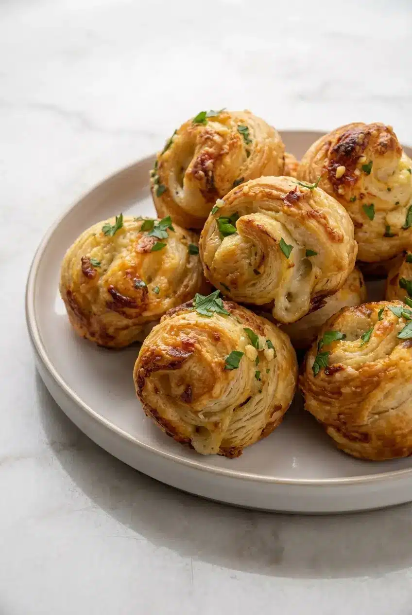 Close-up of the flaky laminated layers and melted cheese inside a Cheesy Garlic Cruffin.