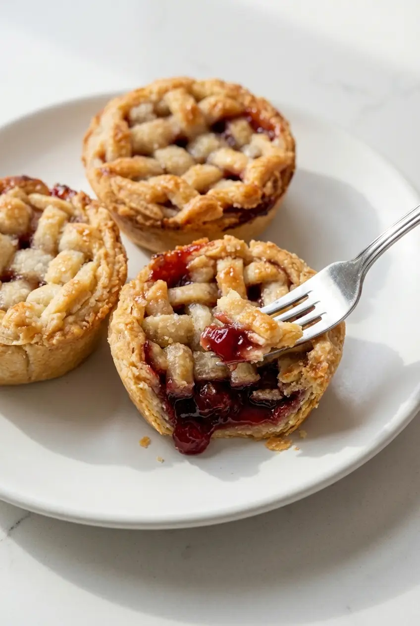 Close-up of a mini cherry pie showing the flaky texture of the all-butter dough and glossy fruit filling.