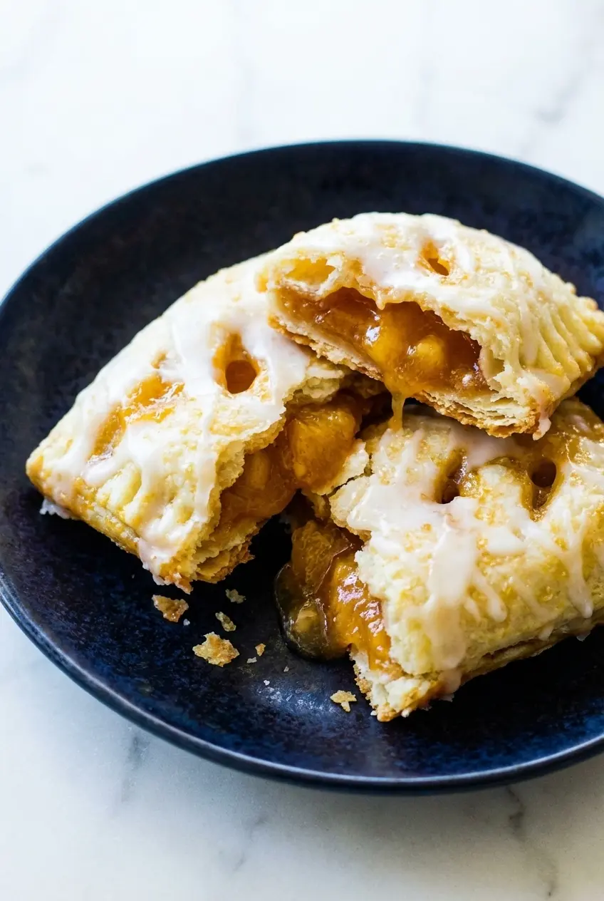 Close-up of flaky Peach Hand Pies showing the ventilation slits and golden demerara sugar crust texture.