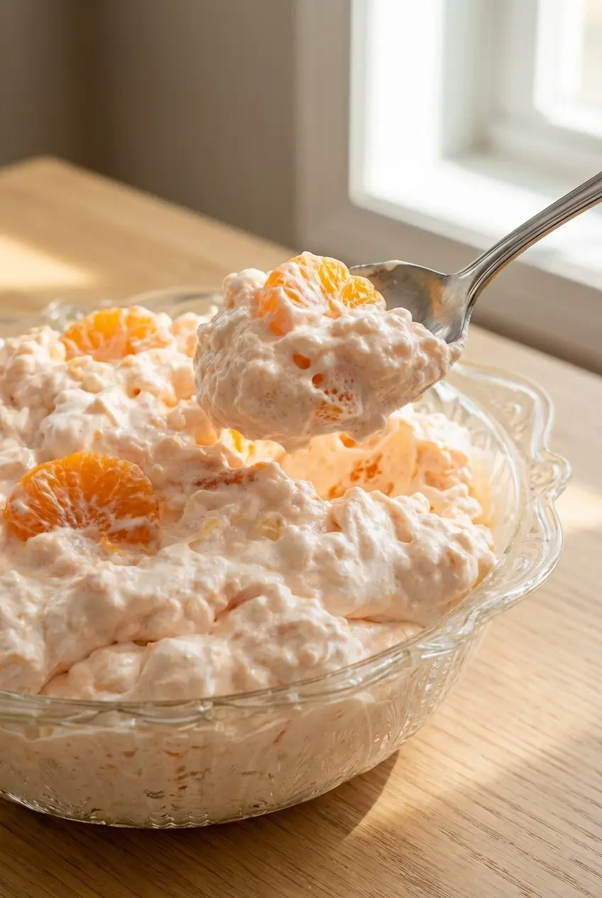 A close spoonful of fluffy Cottage Cheese Jello Salad showcasing the perfect balance of a smooth base and tender fruit.