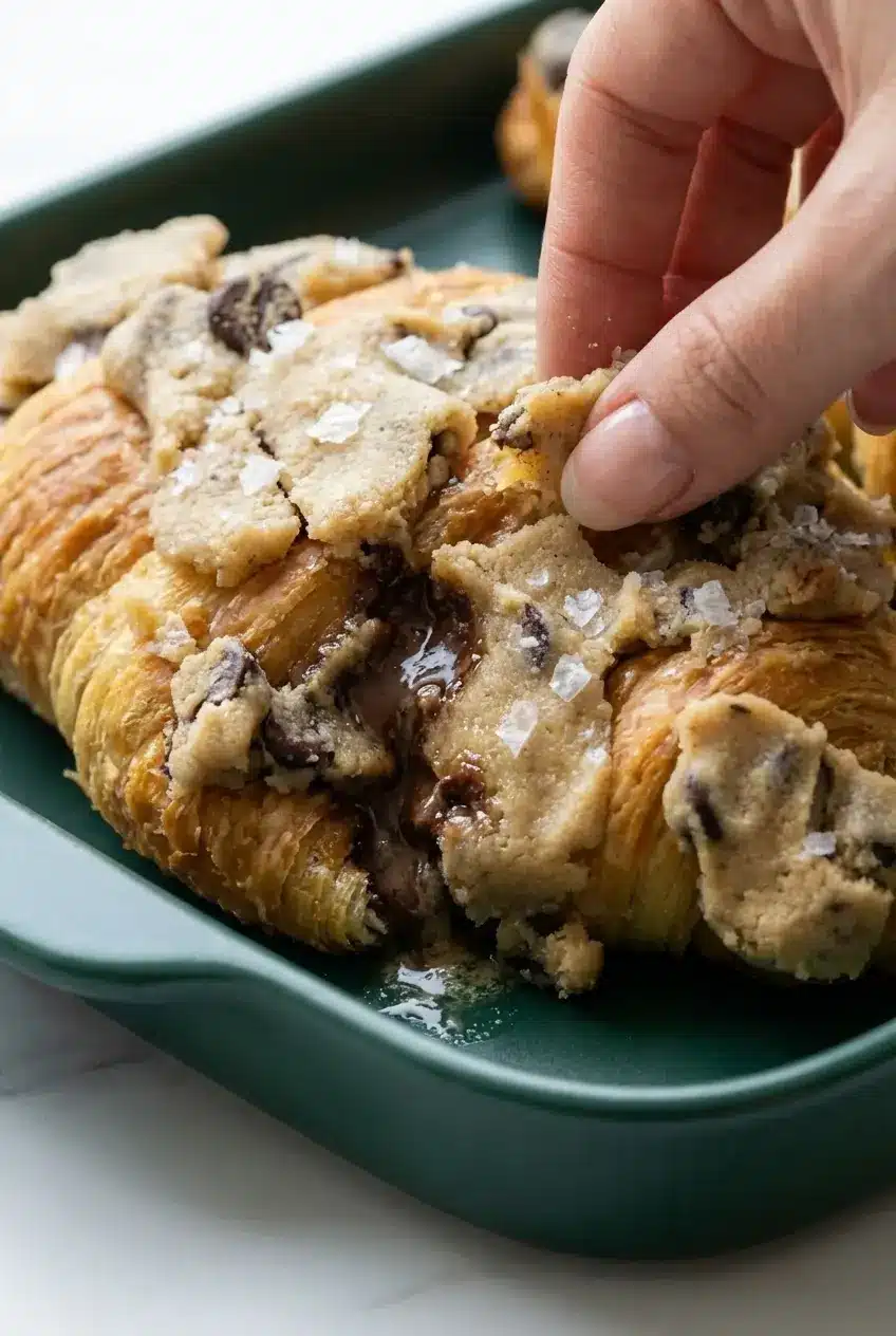 A baking sheet with a TikTok Cookie Croissant Recipe covered in aluminum foil to prevent burning.
