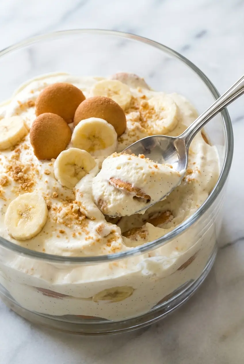 Folding vanilla bean cream into the mixture for a perfect Magnolia Bakery’s Banana Pudding texture.