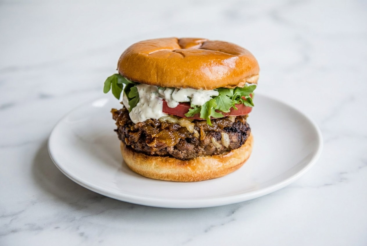 French onion burgers topped with cognac and balsamic glazed onions and melted Gruyère cheese on a toasted brioche bun.