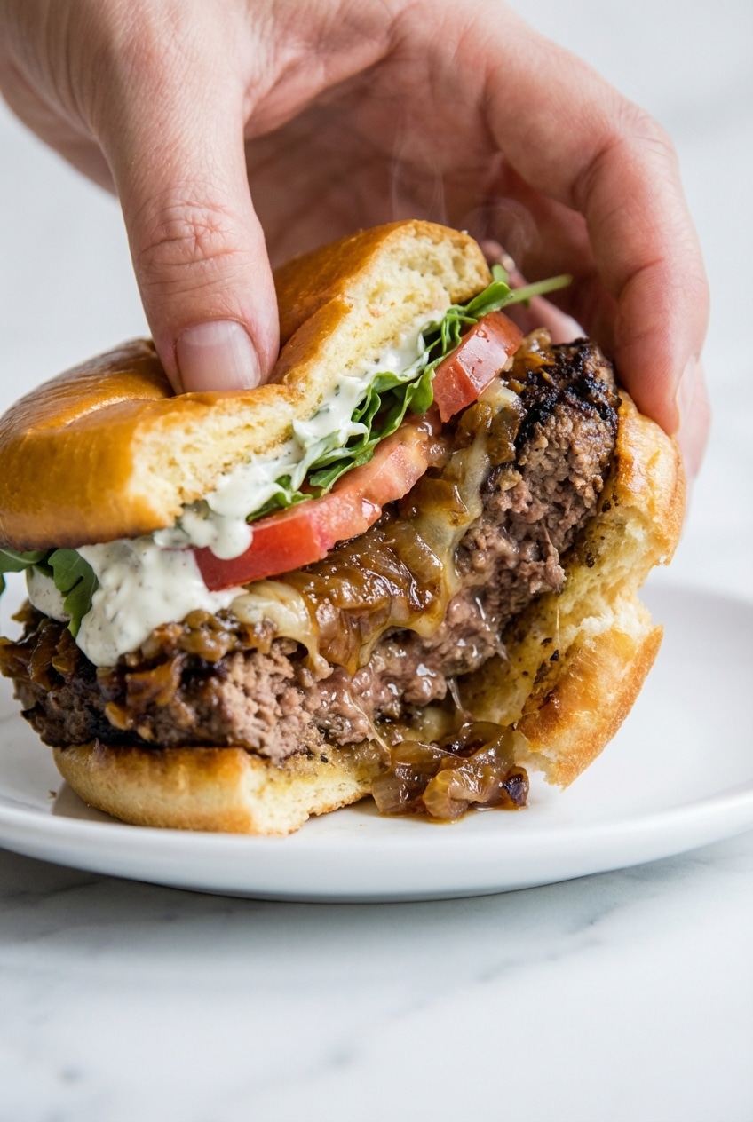 A stack of french onion burgers on a wooden board showing the rich brown Maillard reaction on the seared meat.