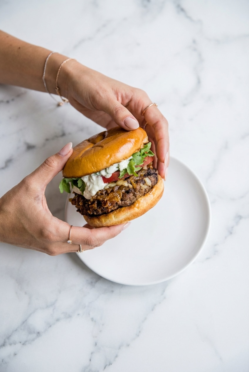 Close up of gooey Gruyère cheese melting over french onion burgers inside a soft toasted brioche bun.