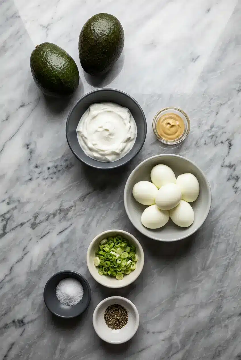 Flat lay of ingredients for avocado egg salad recipe featuring Hass avocado, hard-boiled eggs, and Greek yogurt.