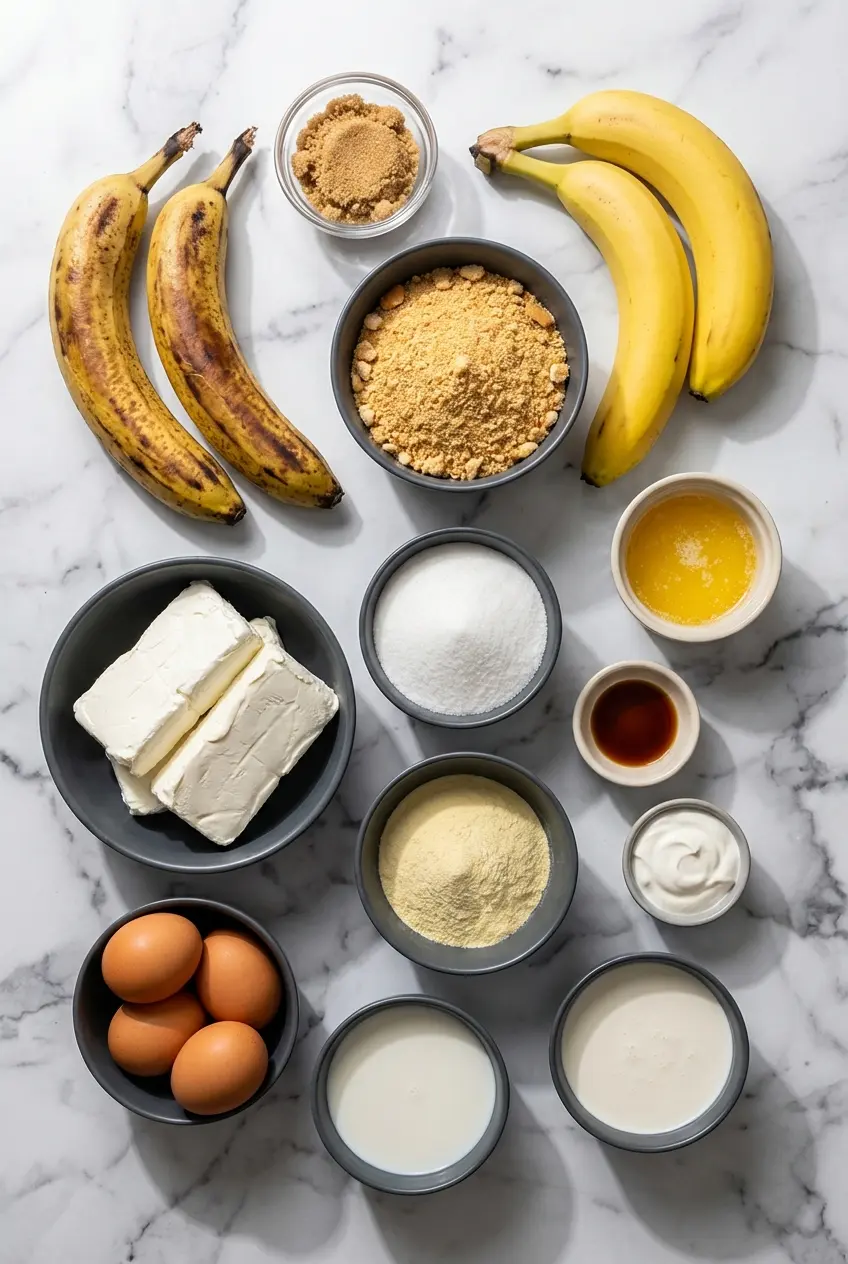 Flat lay of Banana Pudding Cheesecake ingredients including Nilla Wafers, full-fat cream cheese, and overripe bananas.