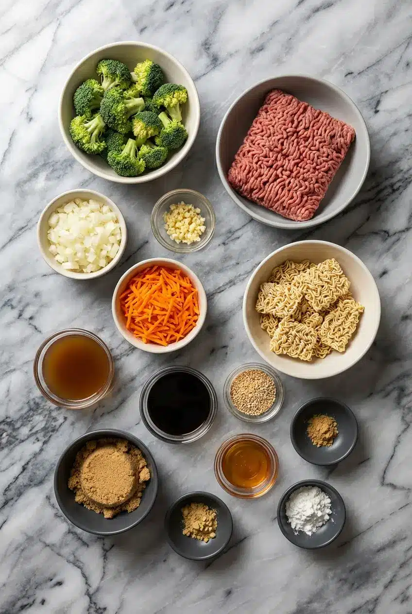 Raw flank steak, instant ramen noodles, and ginger aromatics for beef and broccoli ramen stir fry.