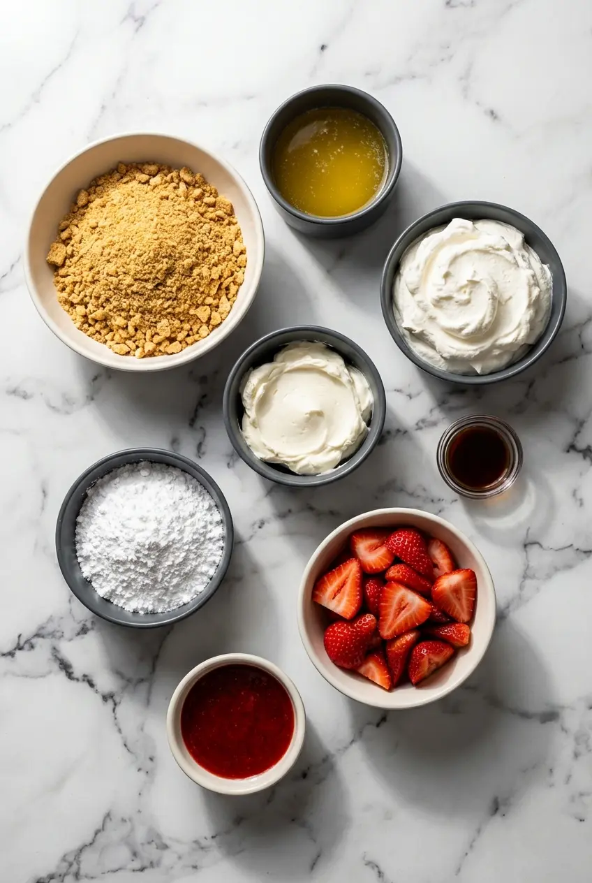 Ingredients for Berrylicious Strawberry Crunch CheeseCake like cream cheese, fresh strawberries, and graham cracker crust.