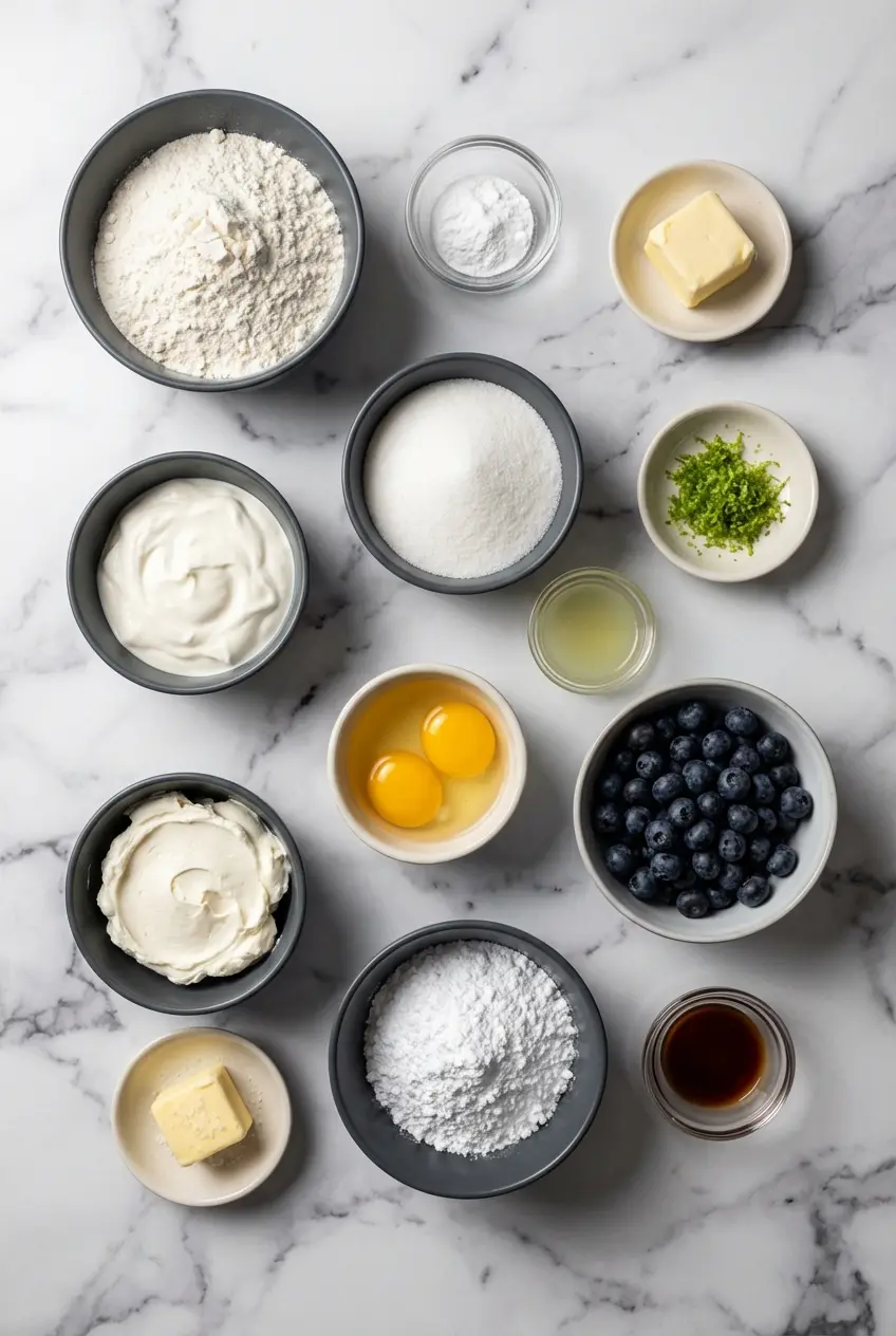 Raw ingredients for Blueberry Lime Loaf with Cream Cheese Frosting including fresh blueberries, lime zest, and flour.